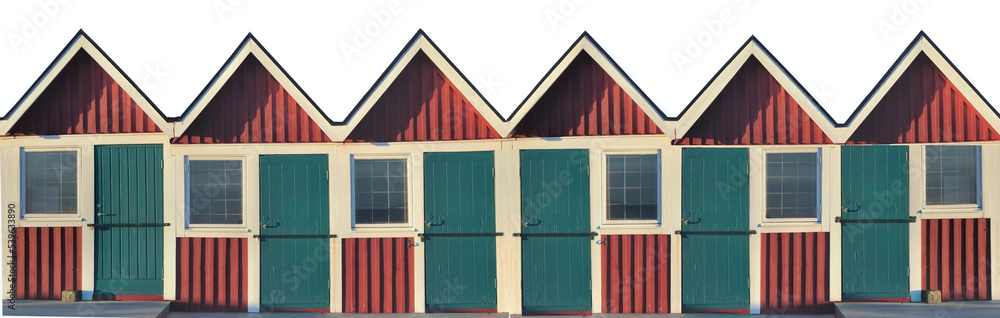 front view of beach cabins in Sweden aligned under white background front view of beach cabins in Sweden aligned under white background