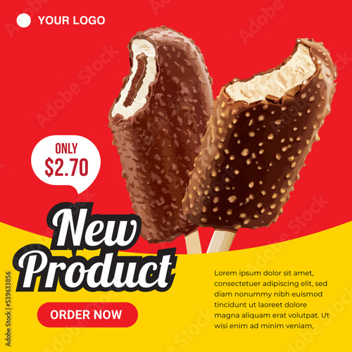 Chocolate coated ice cream with chocolate and vanilla filling. Social media post and web banner template design. Vector illustration
