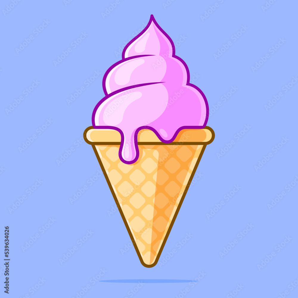 Pink ice cream in a waffle cone on blue background