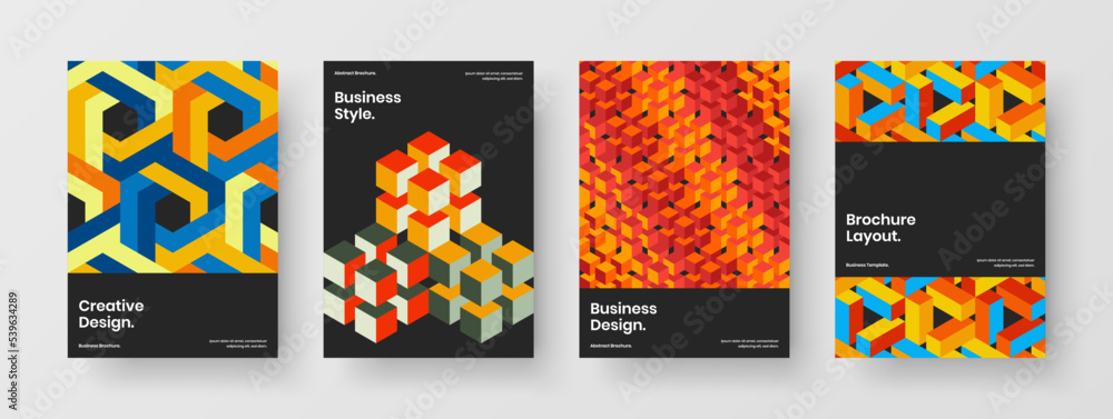 Minimalistic catalog cover design vector concept set. Vivid geometric shapes pamphlet illustration collection.