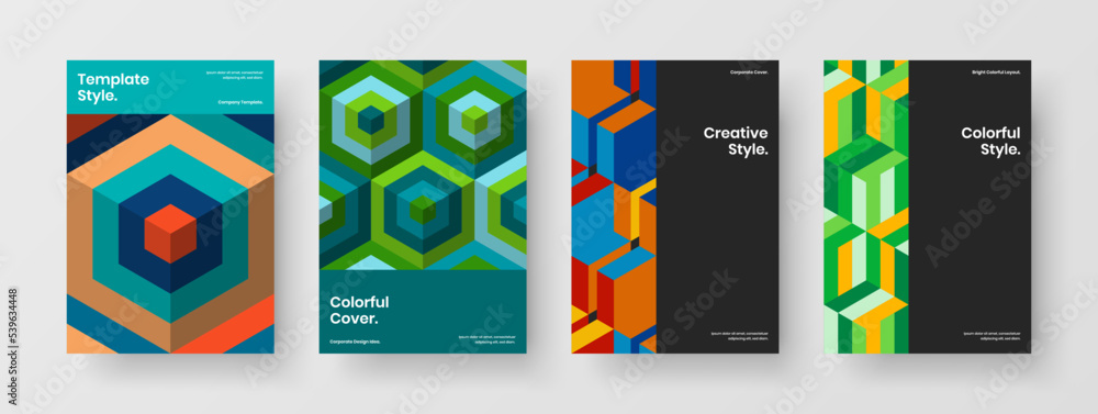 Clean corporate brochure vector design template bundle. Vivid geometric pattern annual report concept collection.