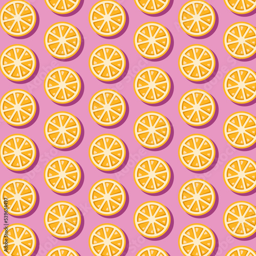 Seamless orange pattern on a pink background. Appetizing vector illustration of repeating orange halves. Simple illustrations of orange halves for packaging design, postcards.