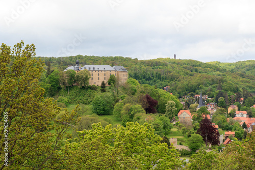 Panorama view of town Blankenburg with Blankenburg Castle seen from Teufelsmauer in Harz mountains  Germany