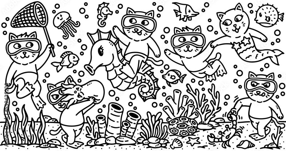 a group of cute cats diving in the sea a group of cute cats diving in the sea