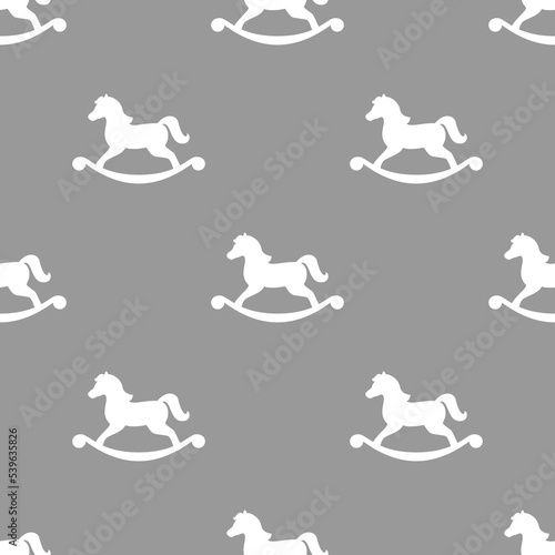 Seamless pattern with horse toys. Kids wooden toy with wheels. Pony cartoon ornament. Old retro holiday decoration. Vector tuxture on white background. Cute kids print