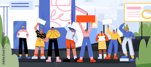 People activists protest on demonstration on city street. Group of diverse angry characters holding white blank banners and placards, vector flat illustration