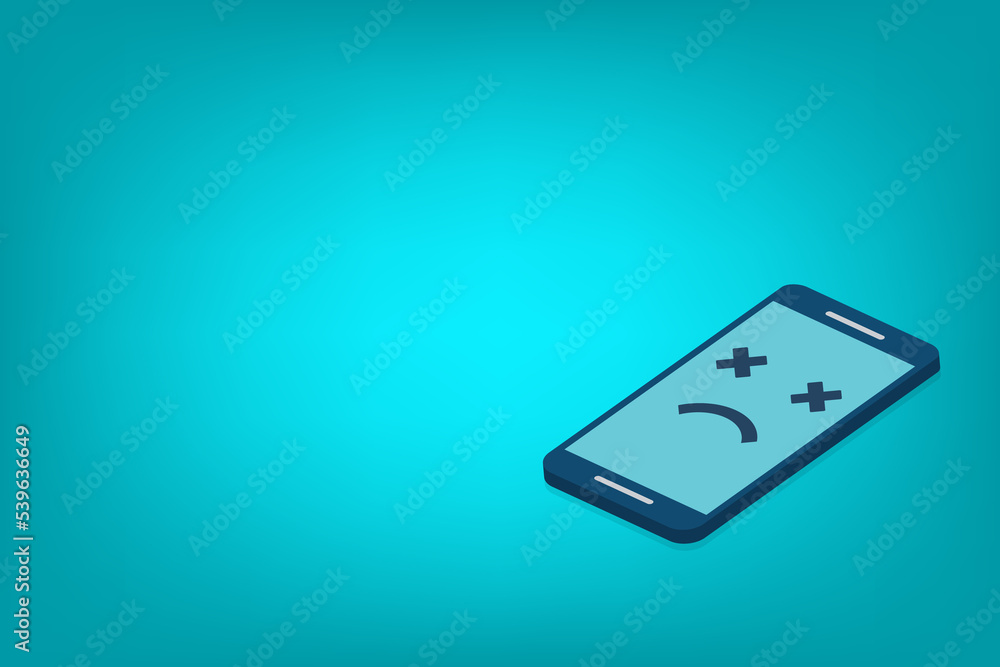 Broken phone. Broken smartphone with sad smile.
