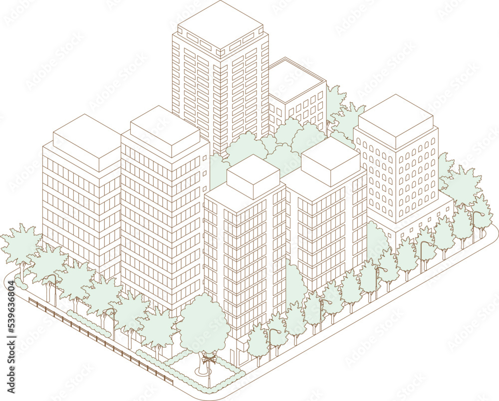 街並みの立体図. 都市の景観. 線画のイラスト. 街並みの立体図. 都市の景観. 線画のイラスト.