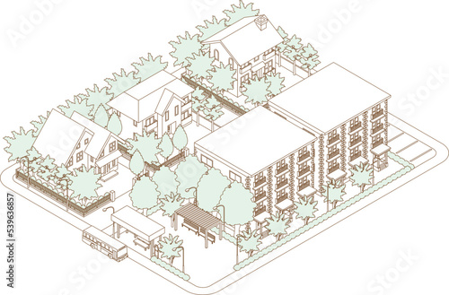街並みの立体図. 都市の景観. 線画のイラスト.