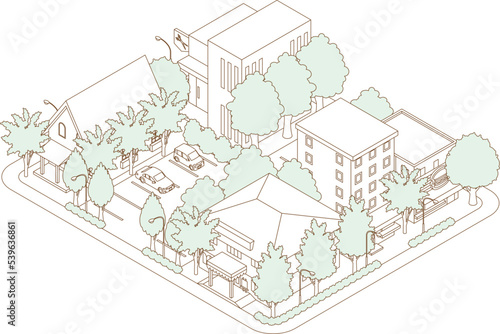 街並みの立体図. 都市の景観. 線画のイラスト.