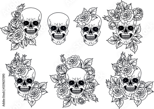 Skulls with roses. Skull and flowers hand drawn illustration. Human skull portrait with floral wreath. Vector illustration isolated on white background.