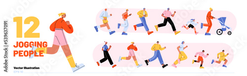 Set of people jogging, adults and children run marathon, sports exercising or competition Male and female characters, mother with baby in stroller healthy lifestyle, Line art flat vector Illustration