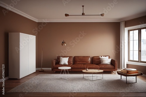 Wall mock up in home interior with retro brown leather furniture, Scandi boho style, 3d render