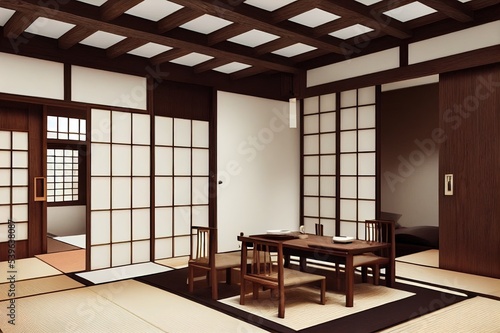 interior design,modern living area and dining area with table,wood floor and tatami mat and traditional japanese door ,was designed specifically in Japanese style, 3d illustration,