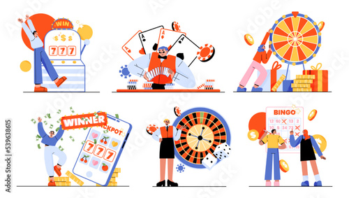 People playing casino and gamble games isolated set. Gambling concept with male and female characters spin roulette, slot machine, poker and lottery fortune games, Linear flat vector illustration