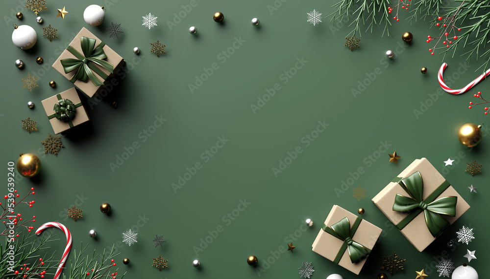 Fototapeta premium Christmas or Happy New Year noel. green background Xmas design of gift box, 3d bauble balls, glitter gold. Christmas poster, greeting cards. Flat lay, top view. 3d render illustration
