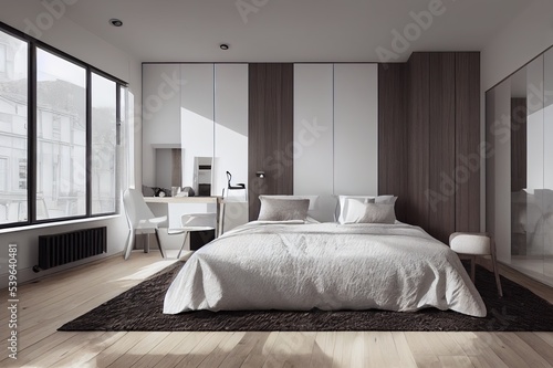 Bedroom and Modern Loft style. Cozy white and gray room minimalist concept  bed with wood floor and white wall  3d rendering