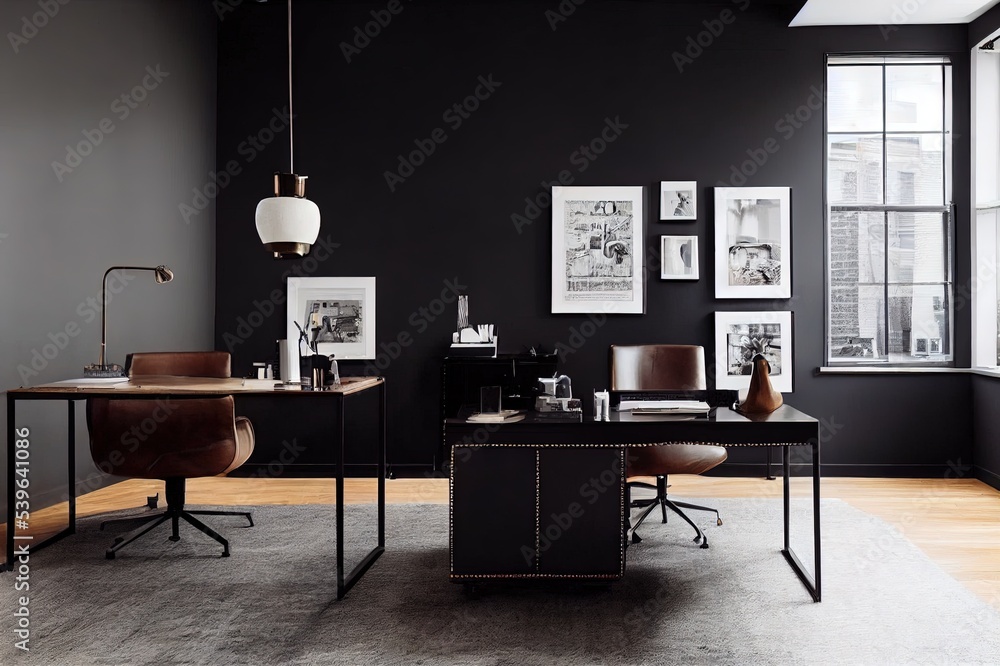 Stylish composition of modern masculine home office workspace interior  design with black industrial desk, brown leather armchair, pc and stylish  personal accessories. Template. Stock-Illustration | Adobe Stock