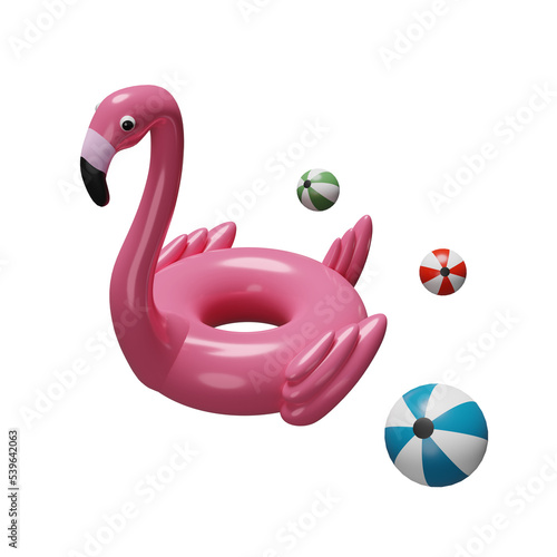 Inflatable flamingo with beach ball isolated. summer travel concept, 3d illustration, 3d render © sirawut