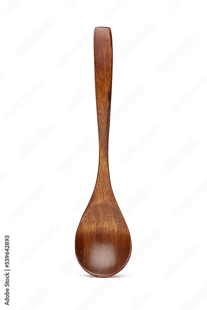 Close-up shot of a wooden teaspoon with a curved handle. The wooden spoon for spices, jam or honey is isolated on a white background. Front view. Close-up shot of a wooden teaspoon with a curved handle. The wooden spoon for spices, jam or honey is isolated on a white background. Front view.