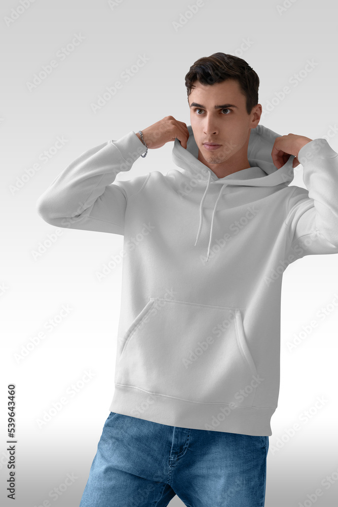 Men white hoodie mockup with model white background Men white hoodie mockup with model white background