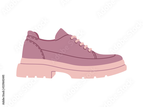 Pink woman loafers. Stylish lace-up shoes. Comfortable casual footwear. Hand drawn vector illustration isolated on white background. Modern flat cartoon style.