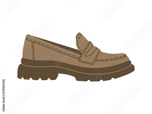Brown woman loafers. Stylish comfortable casual footwear. Hand drawn vector illustration isolated on white background. Modern flat cartoon style.