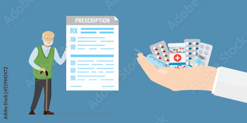Pharmacist hand holds various pills. Medical staff gives kit of medicines. Old man holds prescription for buying medical drugs. Health care, retirement. Pharmacy, treatment.