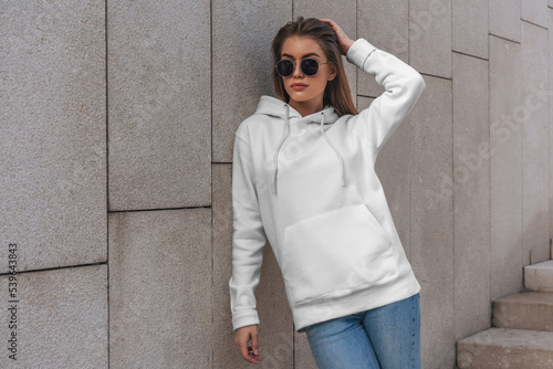 Women white hoodie mockup with model street background