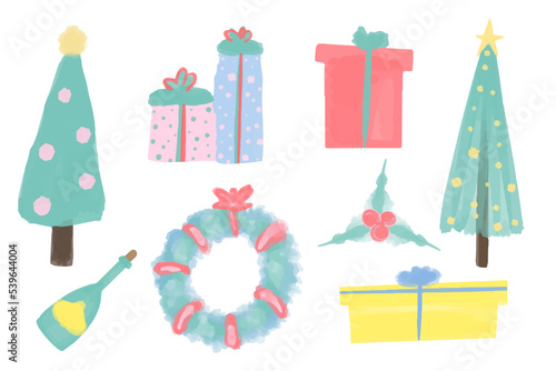 Collection watercolor elements complete set eps10 for Christmas and New year. Doodle cartoon style.