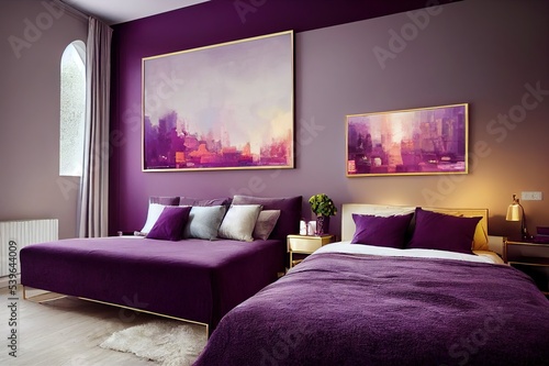 Gold lamp next to purple bed against grey wall with molding and poster in woman's bedroom interior