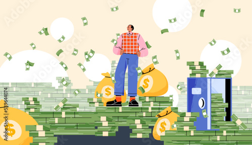 Rich man standing under money rain. Millionaire or successful businessman with stacks of cash, bills bundles, full money bags, safe and falling banknotes bundles, vector flat illustration