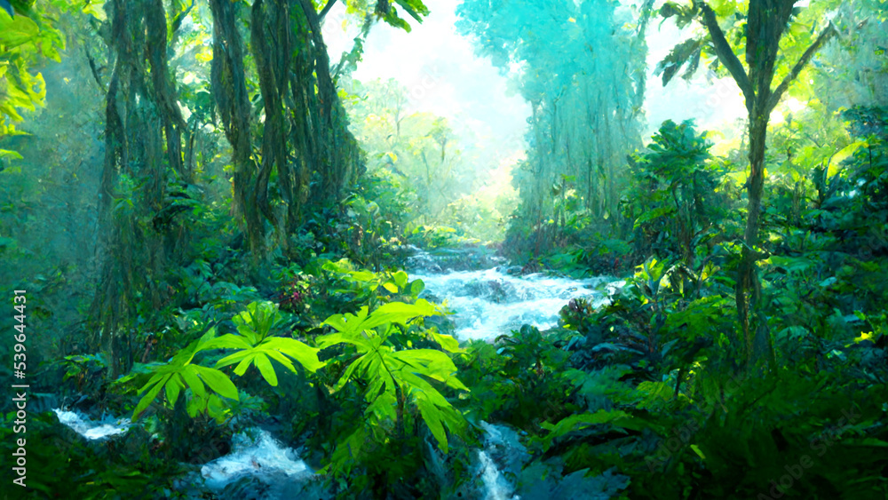 Beautiful river in lush jungle with waterfalls, The river flows through the mountains and the forest