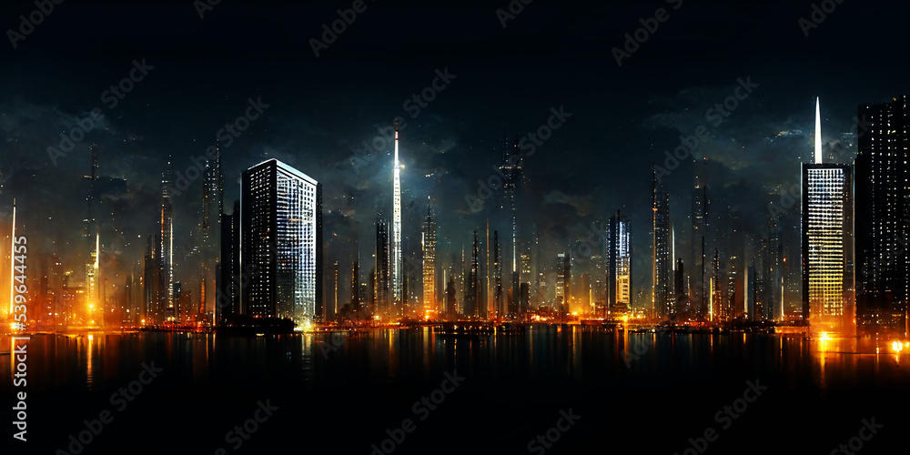 Skyscraper Skyline with Night View, Tall Building in a Dark City