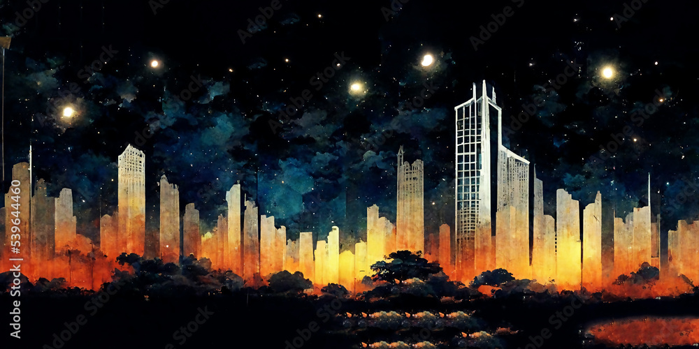 Skyscraper Skyline with Night View, Tall Building in a Dark City