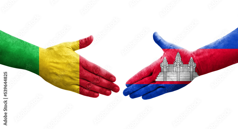 Handshake between Mali and Cambodia flags painted on hands, isolated transparent image. Handshake between Mali and Cambodia flags painted on hands, isolated transparent image.