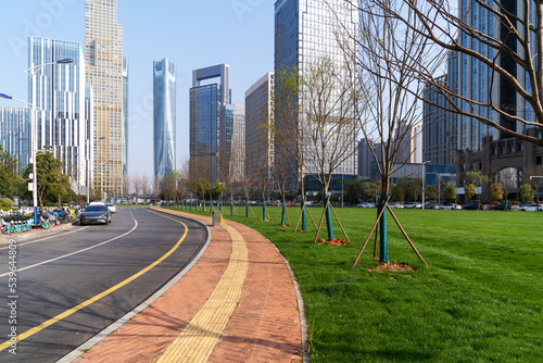 city park with modern building background in shanghai