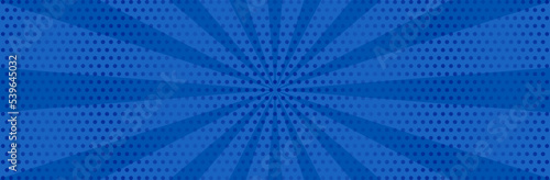 Blue pop art background with halftone dots and rays. 