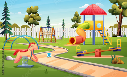 Kids playground with tube slide, climbing ladder and seesaw cartoon landscape