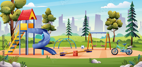 Kids playground landscape with slide, swing, bicycle and seesaw cartoon illustration