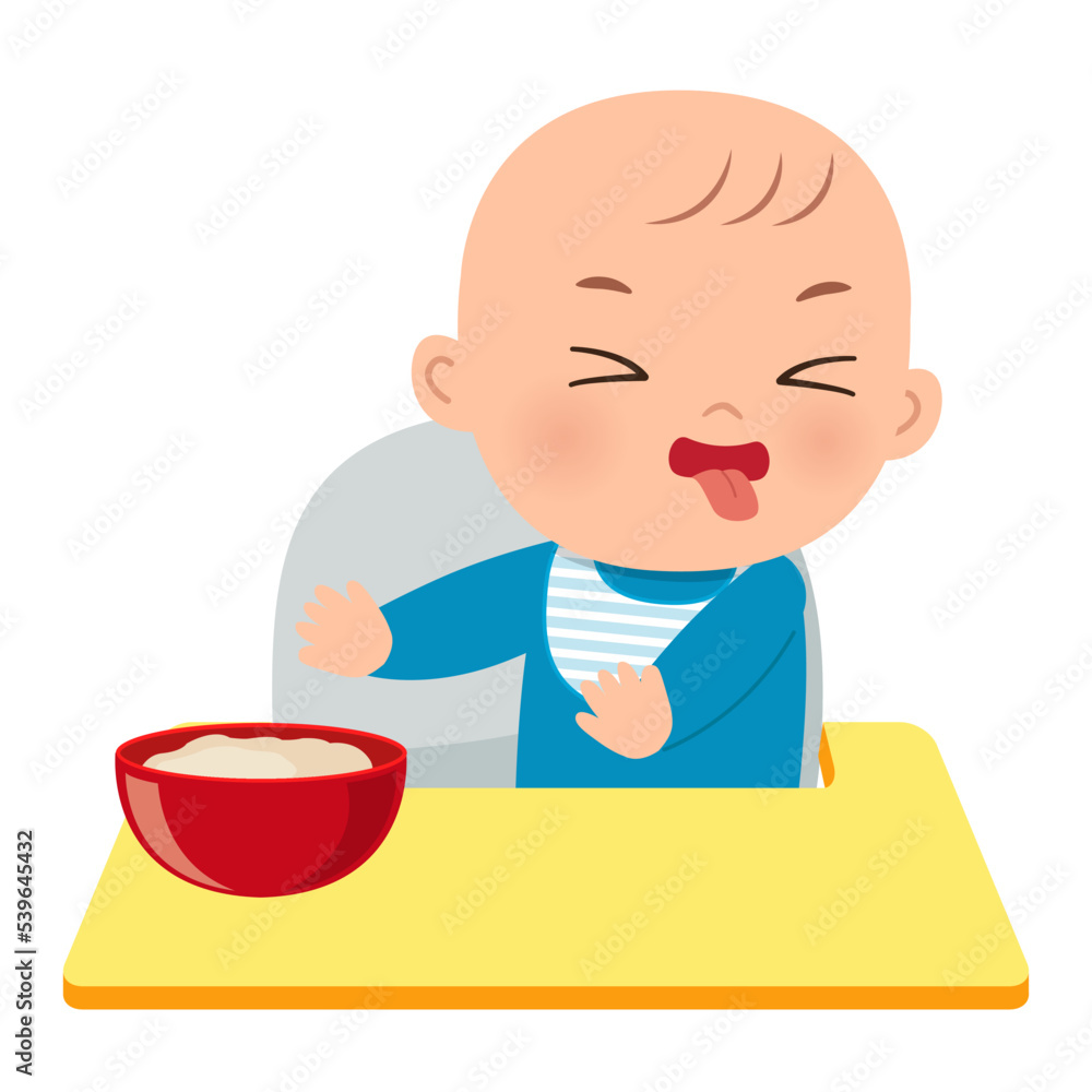 Cute baby rejecting food. Flat vector cartoon design Cute baby rejecting food. Flat vector cartoon design
