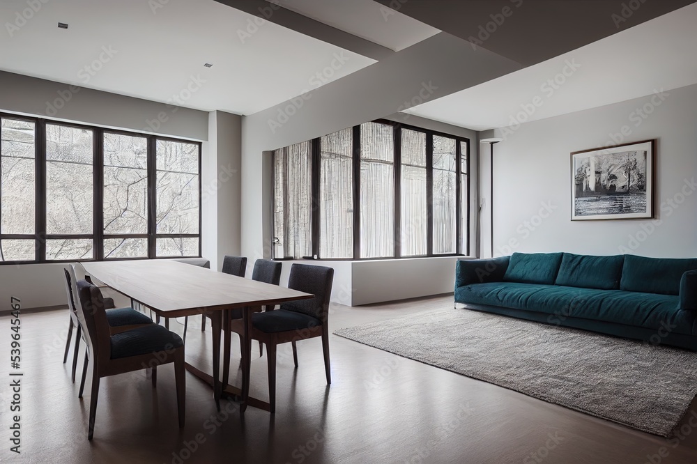 Fototapeta premium Light and spacious flat in new style with large sofa, dining set and open kitchen