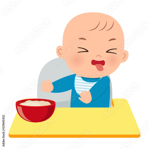 Cute baby rejecting food. Flat vector cartoon design