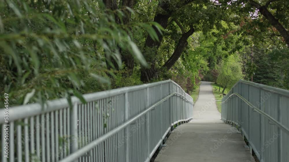 Beautiful pathway in the green summer park over bridge. Pan right shot. Beautiful pathway in the green summer park over bridge. Pan right shot.