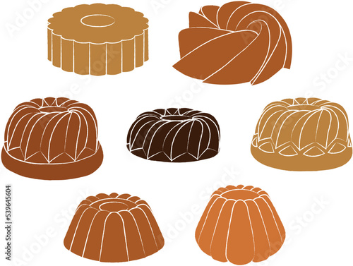 Set of bundt cake dessert vector illustration icons. Typical white brush outlined and colored ring cakes for Christmas and Easter.