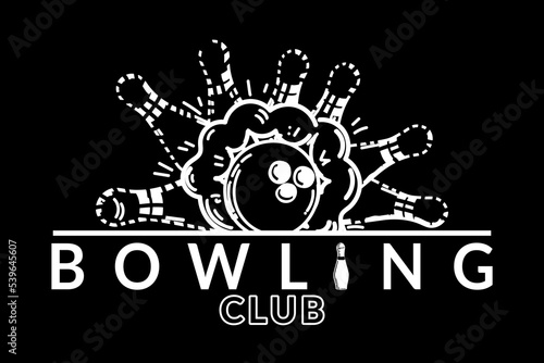 Bowling club logo. Hand-drawn pins and bowling ball. The ball breaks the pins. Championship. Hobbies, entertainment, recreation. Sport. Game. Hit, win. Vector simple illustration.