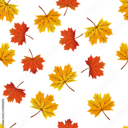 Autumn seamless pattern with red and yellow maple leaves on white background. Fabric pattern. Vector cartoon seamless background. Cute autumn design.