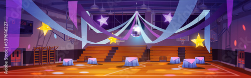 School gym interior ready for prom night or party celebration. Sports arena with tables, decorated with stroboscobe, stars and festive illumination. Place for event fun, Cartoon vector illustration