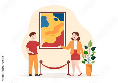 Art Gallery on Museum of Exhibition Visitors Viewing Modern Abstract Paintings at Contemporary and Photo in Flat Cartoon Hand Template Illustration