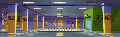 Underground car parking with escalator, vacant places, zebra and direction markup. Empty area for transport in building basement with columns and guiding yellow arrows, Cartoon vector illustration